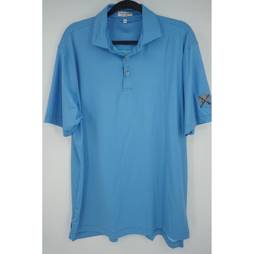 Peter Millar Polo Shirt Blue Summer Comfort Gingham‎ Golf Stretch Men's Large